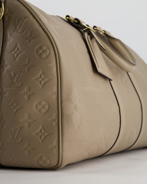 Louis Vuitton Keepall 45 Bandoulière Travel Bag in Beige Tourterelle Monogram Empreinte Giant Leather with Gold Hardware RRP £2,740