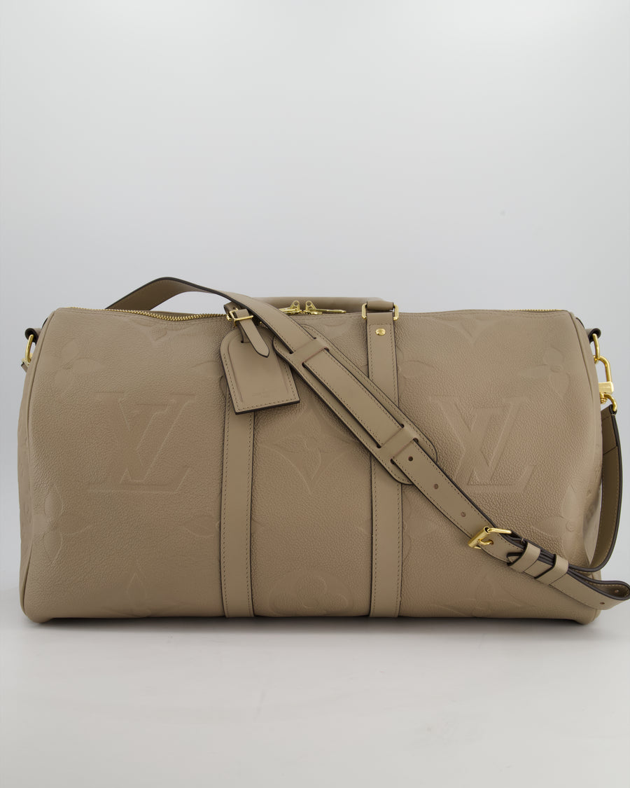 Louis Vuitton Keepall 45 Bandoulière Travel Bag in Beige Tourterelle Monogram Empreinte Giant Leather with Gold Hardware RRP £2,740