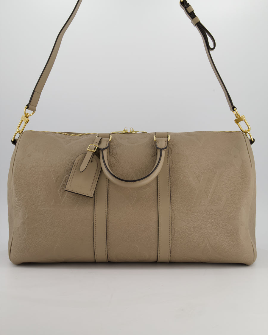 Louis Vuitton Keepall 45 Bandoulière Travel Bag in Beige Tourterelle Monogram Empreinte Giant Leather with Gold Hardware RRP £2,740