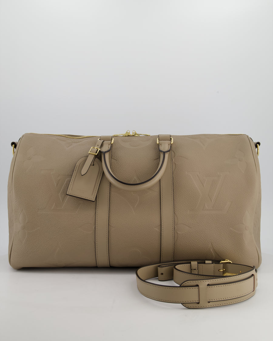 Louis Vuitton Keepall 45 Bandoulière Travel Bag in Beige Tourterelle Monogram Empreinte Giant Leather with Gold Hardware RRP £2,740