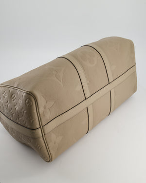 Louis Vuitton Keepall 45 Bandoulière Travel Bag in Beige Tourterelle Monogram Empreinte Giant Leather with Gold Hardware RRP £2,740