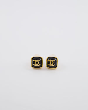 Chanel 25A Brushed Gold and Black CC Logo Small Square Earrings