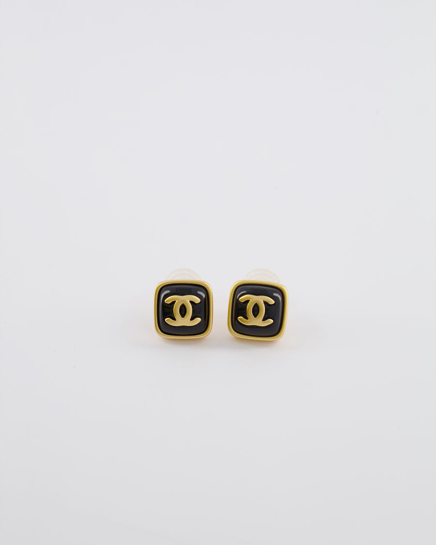 Chanel 25A Brushed Gold and Black CC Logo Small Square Earrings