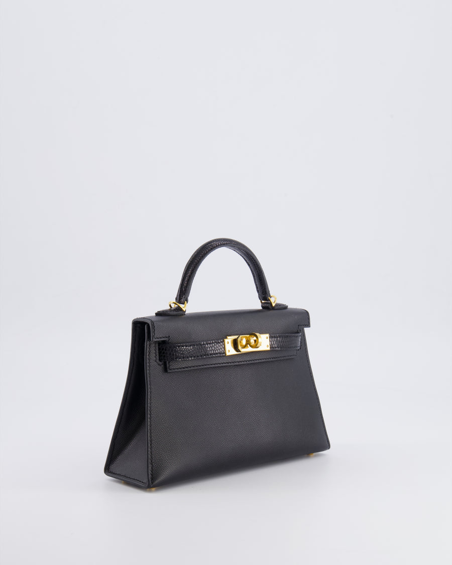 Hermès Mini Kelly II 20cm Touch Bag in Noir Madame and Lizard Leather with Gold Hardware