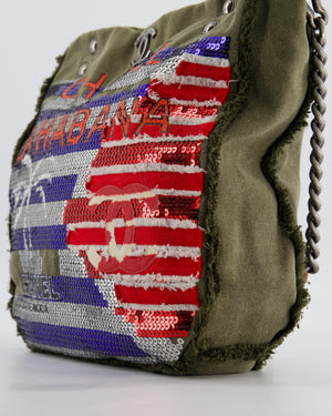 Chanel Khaki Canvas La Habana Casa de Moda Silver, Navy and Red Sequin Embellished Tote Bag with Ruthenium Hardware