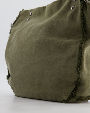 Chanel Khaki Canvas La Habana Casa de Moda Silver, Navy and Red Sequin Embellished Tote Bag with Ruthenium Hardware