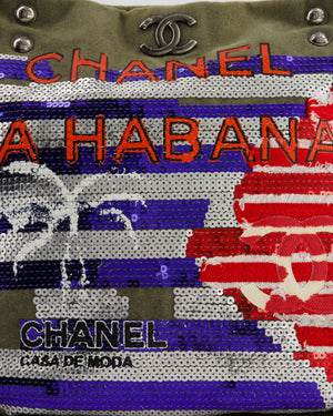 Chanel Khaki Canvas La Habana Casa de Moda Silver, Navy and Red Sequin Embellished Tote Bag with Ruthenium Hardware
