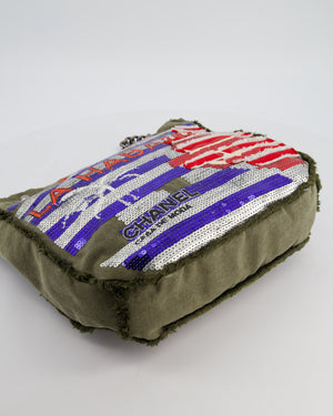 Chanel Khaki Canvas La Habana Casa de Moda Silver, Navy and Red Sequin Embellished Tote Bag with Ruthenium Hardware