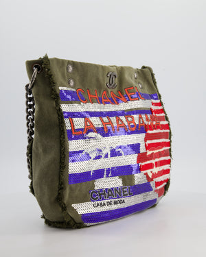 Chanel Khaki Canvas La Habana Casa de Moda Silver, Navy and Red Sequin Embellished Tote Bag with Ruthenium Hardware
