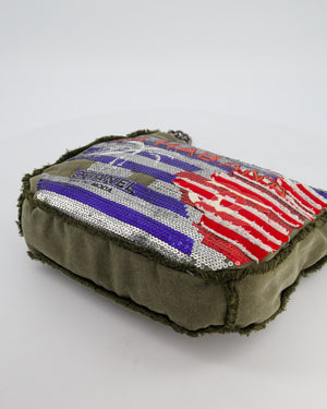 Chanel Khaki Canvas La Habana Casa de Moda Silver, Navy and Red Sequin Embellished Tote Bag with Ruthenium Hardware