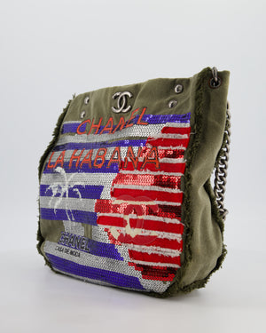 Chanel Khaki Canvas La Habana Casa de Moda Silver, Navy and Red Sequin Embellished Tote Bag with Ruthenium Hardware