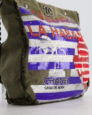 Chanel Khaki Canvas La Habana Casa de Moda Silver, Navy and Red Sequin Embellished Tote Bag with Ruthenium Hardware