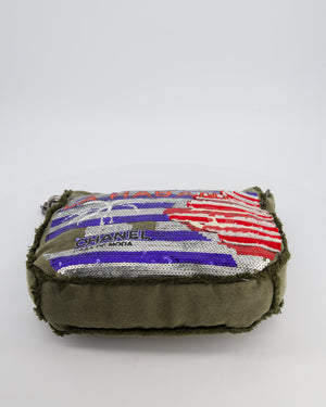 Chanel Khaki Canvas La Habana Casa de Moda Silver, Navy and Red Sequin Embellished Tote Bag with Ruthenium Hardware