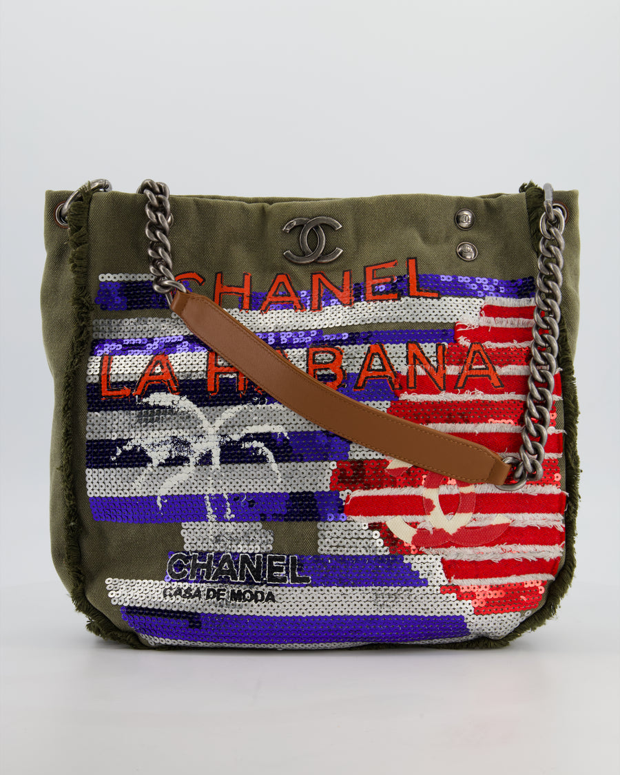 Chanel Khaki Canvas La Habana Casa de Moda Silver, Navy and Red Sequin Embellished Tote Bag with Ruthenium Hardware