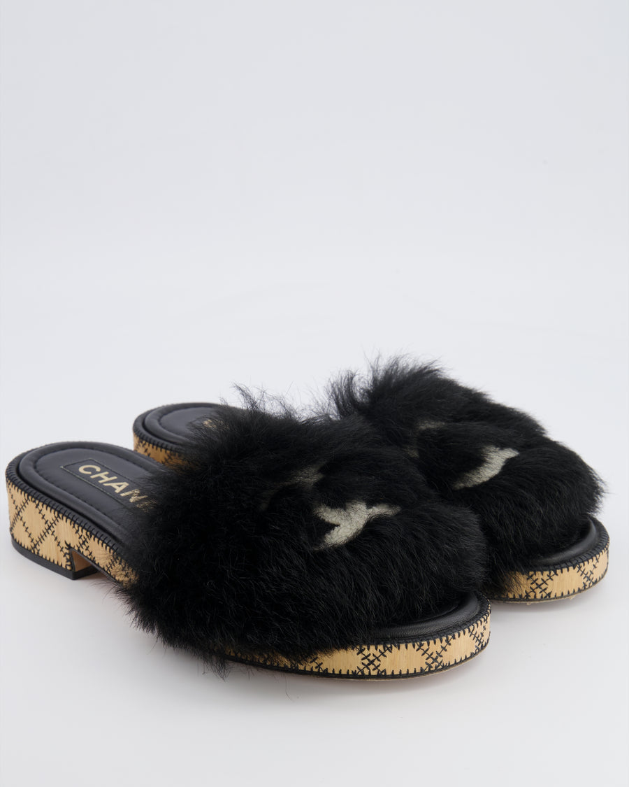Chanel 22B Black Shearling Mules with CC Logo Details and Wooden Sole Size 39
