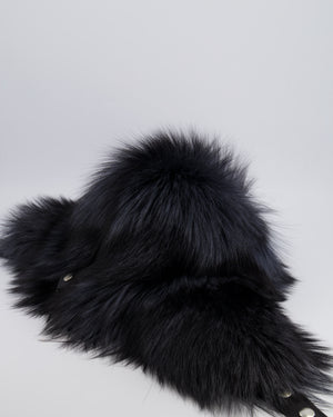 Tsanikidis Black and Silver Fox Chapka Hat with Leather Closure Detail One Size