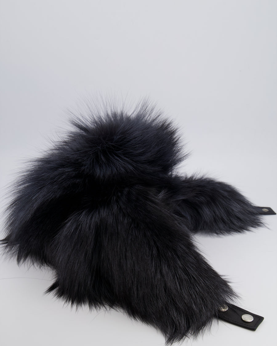 Tsanikidis Black and Silver Fox Chapka Hat with Leather Closure Detail One Size