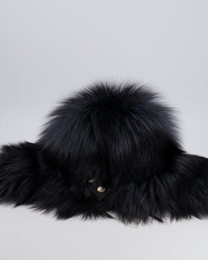 Tsanikidis Black and Silver Fox Chapka Hat with Leather Closure Detail One Size