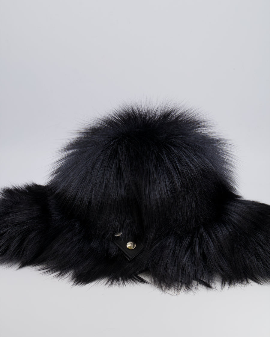 Tsanikidis Black and Silver Fox Chapka Hat with Leather Closure Detail One Size