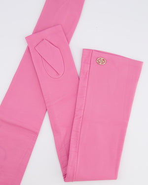 Chanel 18K Pink Lambskin Leather Long Mitten Gloves with Gold CC Logo Details Size 6 1/2