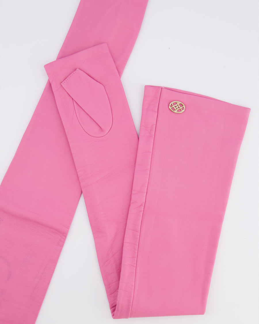 Chanel 18K Pink Lambskin Leather Long Mitten Gloves with Gold CC Logo Details Size 6 1/2