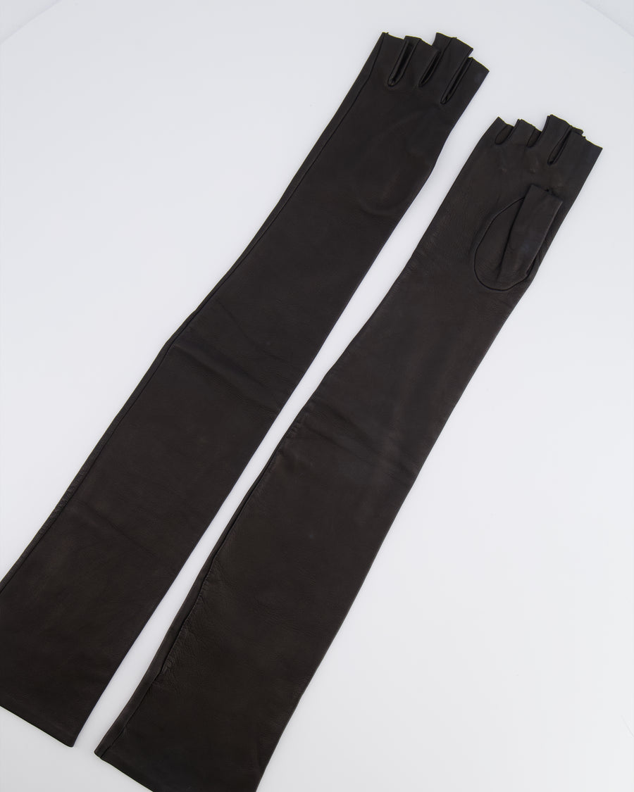 Chanel Black Lambskin Leather Long Gloves Size 6 1/2