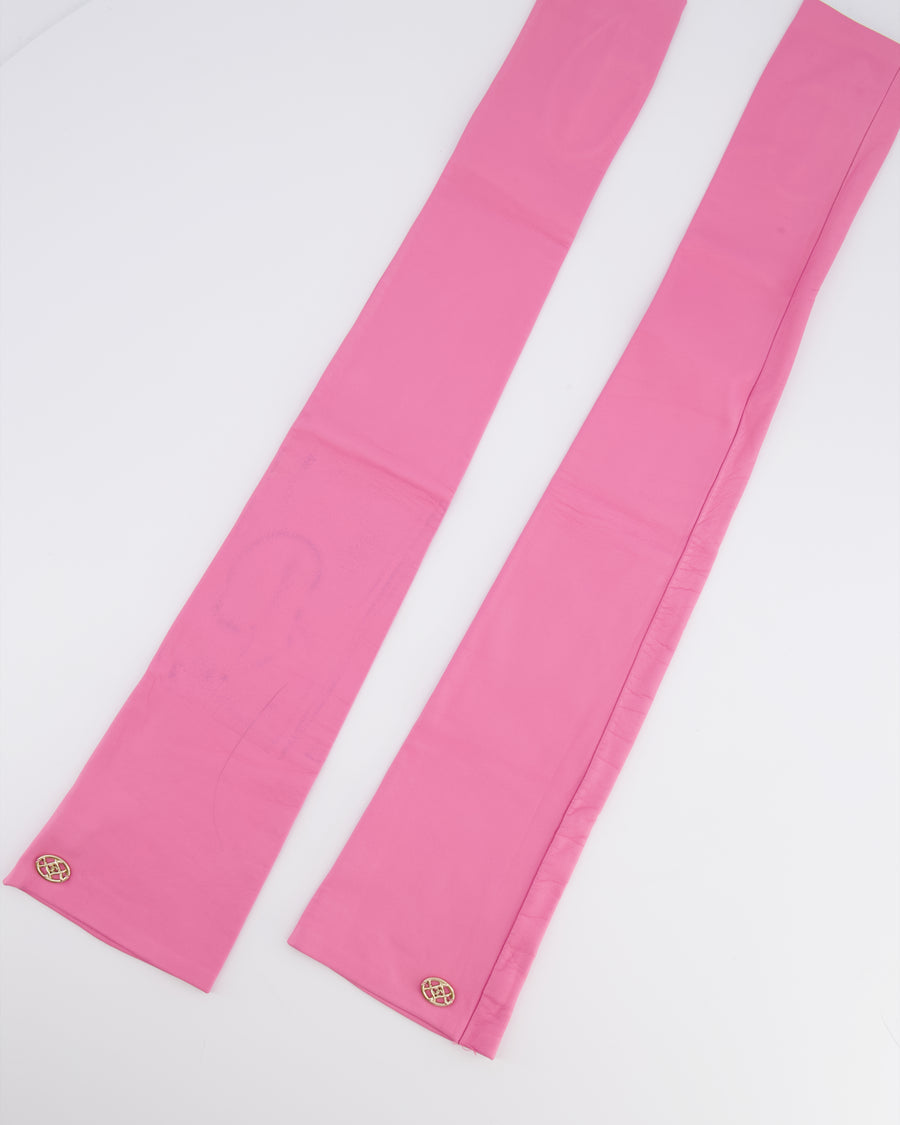 Chanel 18K Pink Lambskin Leather Long Mitten Gloves with Gold CC Logo Details Size 6 1/2