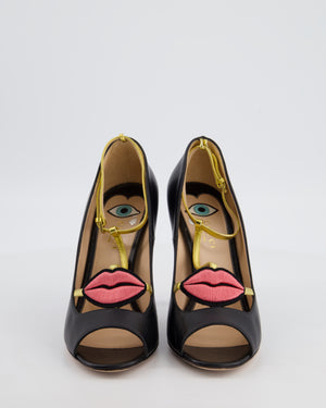 Gucci 2016 Black Molina Lips Embroidered Heels with Gold T Strap Detail Size EU 38