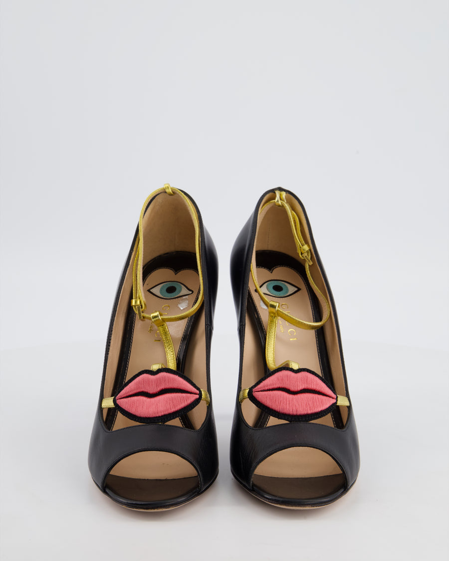 Gucci 2016 Black Molina Lips Embroidered Heels with Gold T Strap Detail Size EU 38