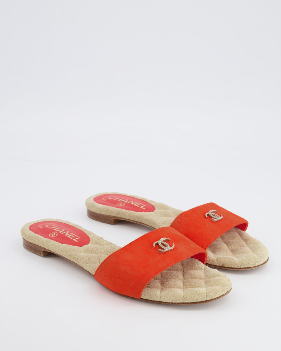 Chanel Orange Suede Mules with Crystal CC Logo Details Size 38.5