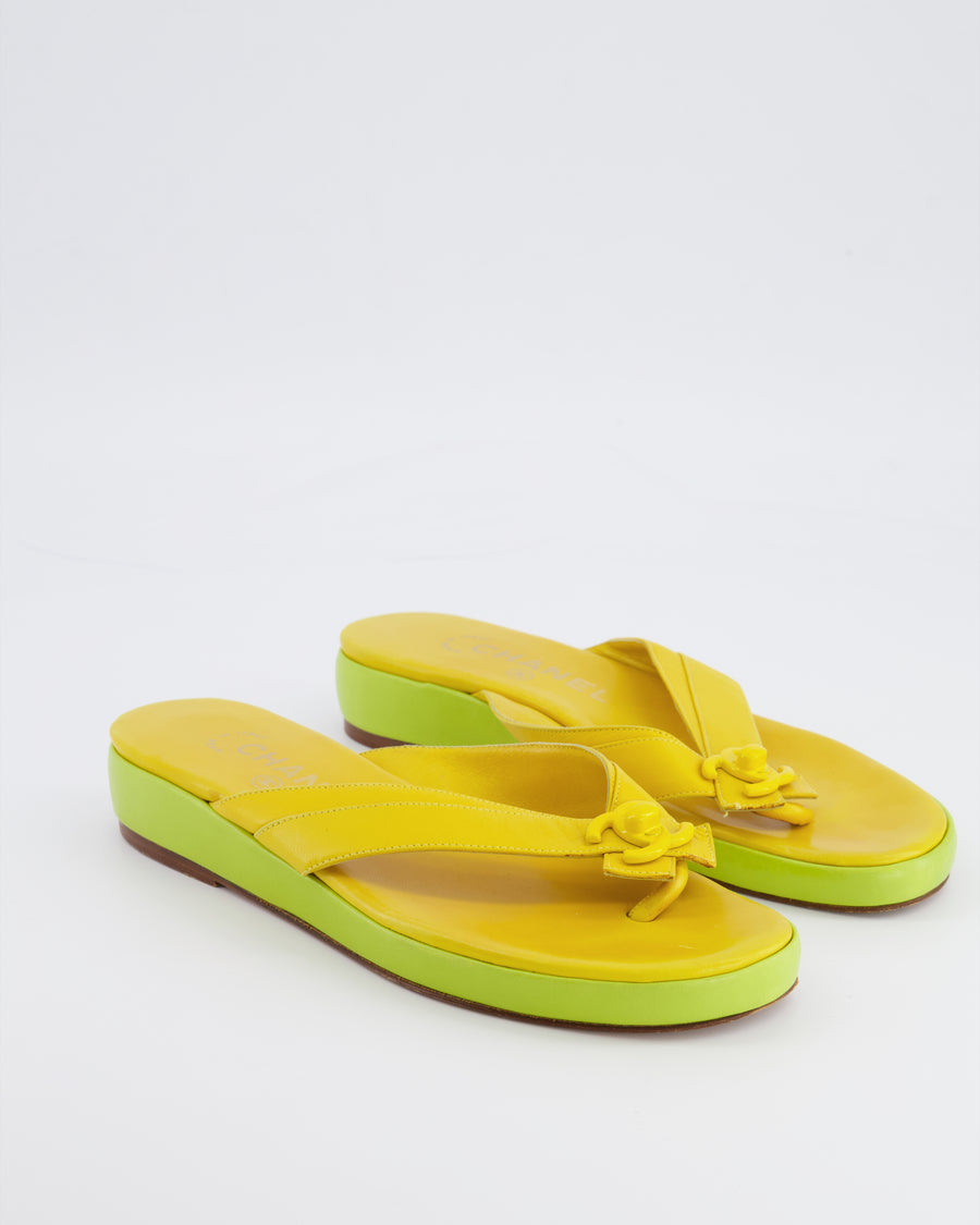 Chanel 2002 Vintage Yellow and Green Leather Heeled Flip Flops with CC Logo Detailing Size 38