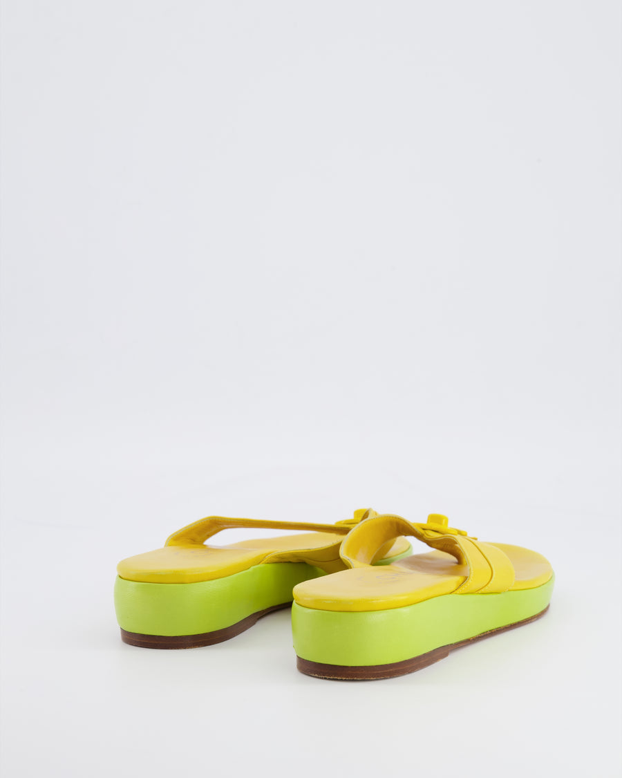Chanel 2002 Vintage Yellow and Green Leather Heeled Flip Flops with CC Logo Detailing Size 38