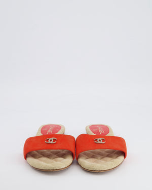 Chanel Orange Suede Mules with Crystal CC Logo Details Size 38.5