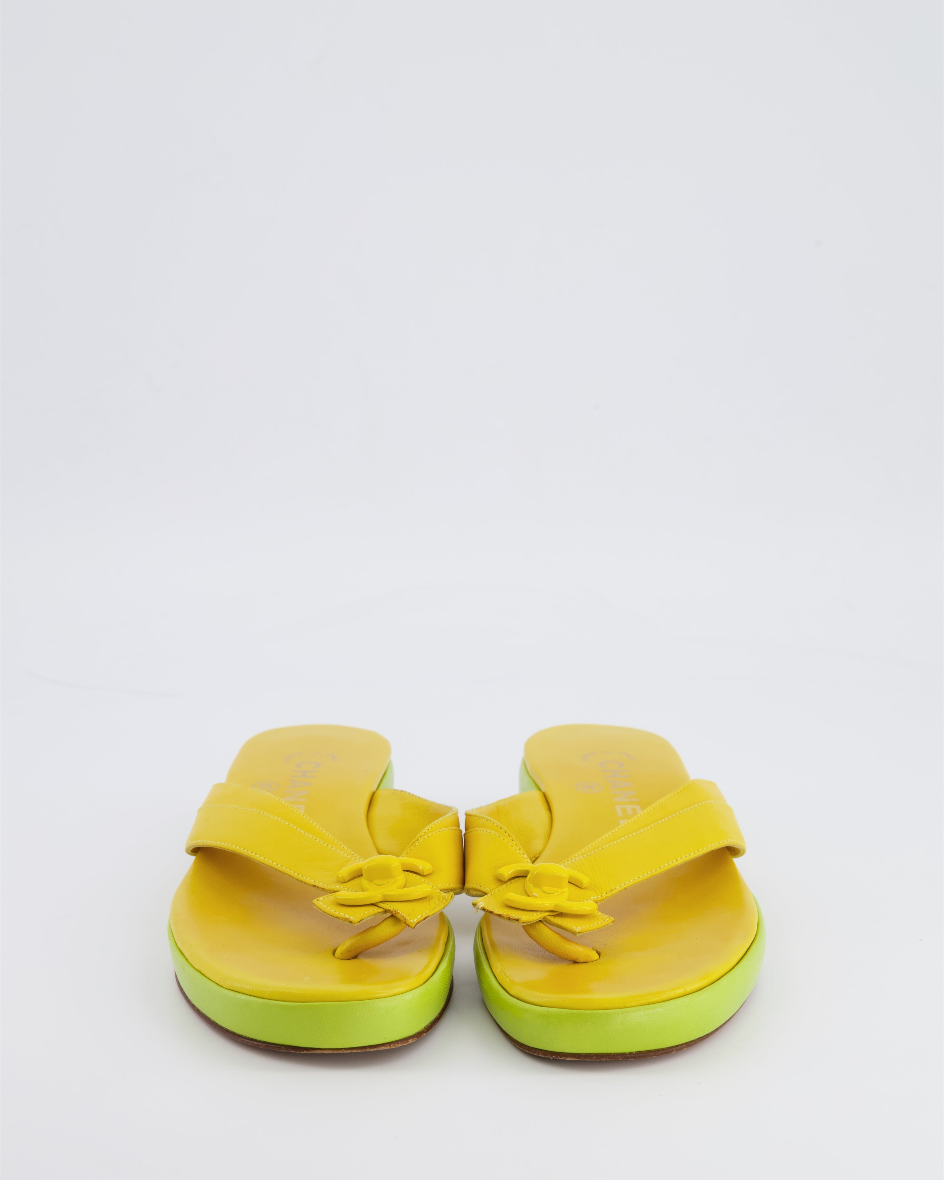 Chanel 2002 Vintage Yellow and Green Leather Heeled Flip Flops