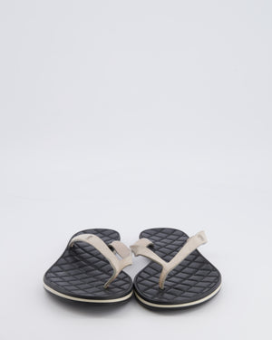 Chanel Spring 2015 Beige Suede Flip Flops with Silver CC Logo and Black Matelasse Sole Size 38