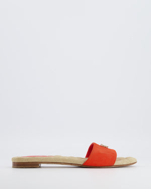 Chanel Orange Suede Mules with Crystal CC Logo Details Size 38.5