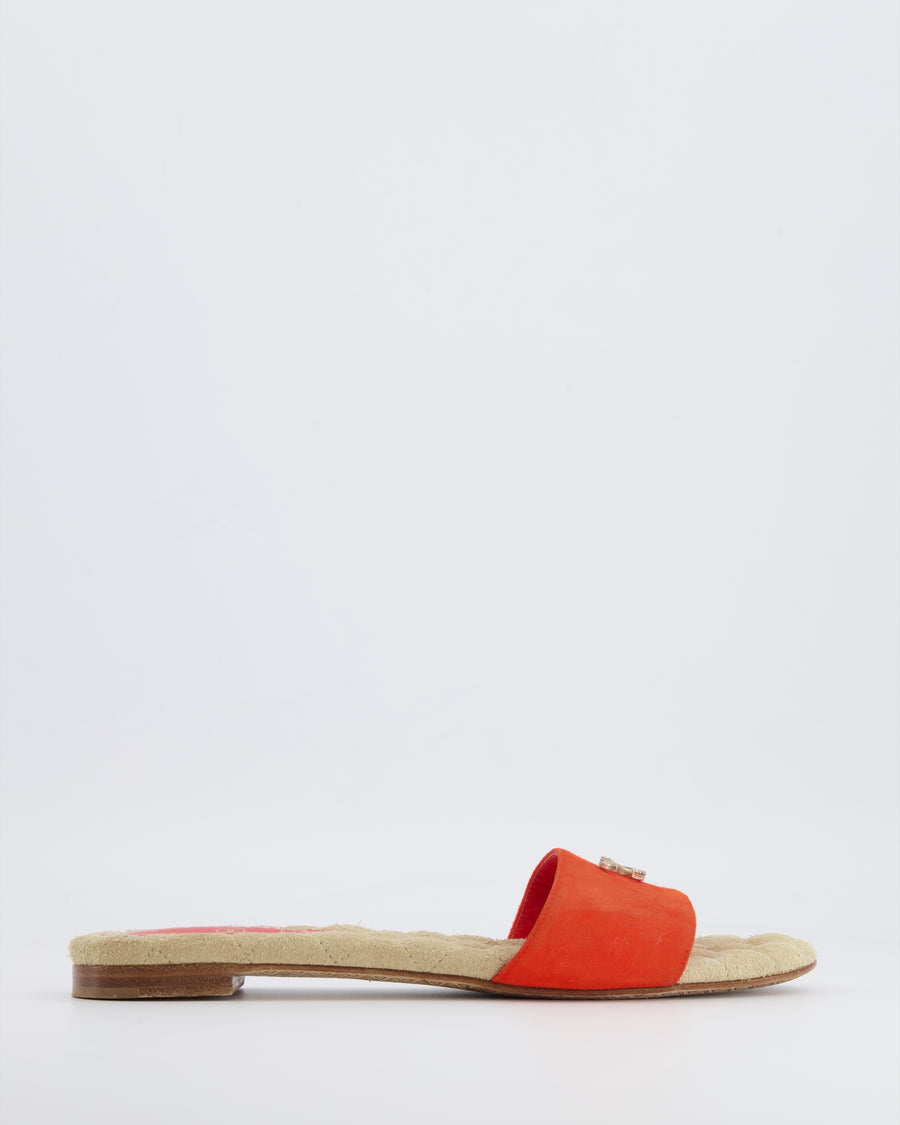 Chanel Orange Suede Mules with Crystal CC Logo Details Size 38.5