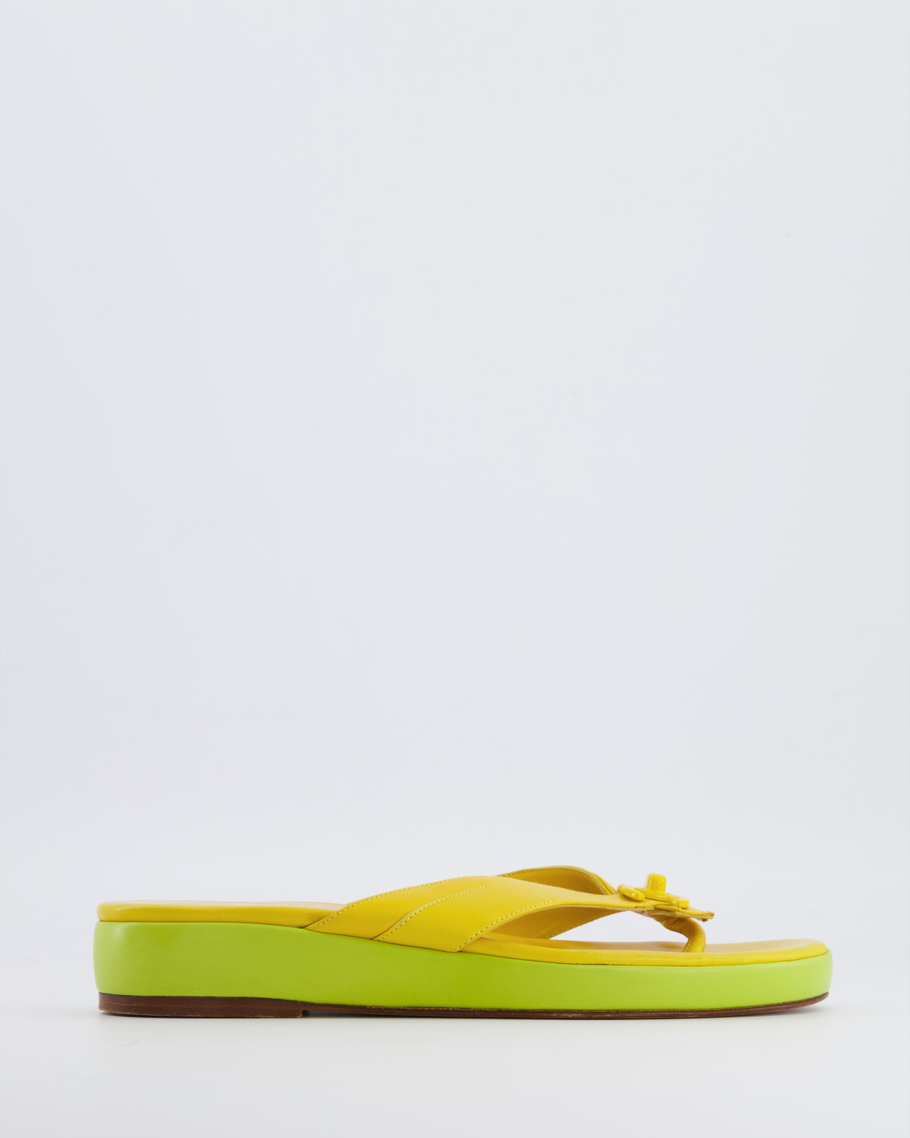 Chanel 2002 Vintage Yellow and Green Leather Heeled Flip Flops
