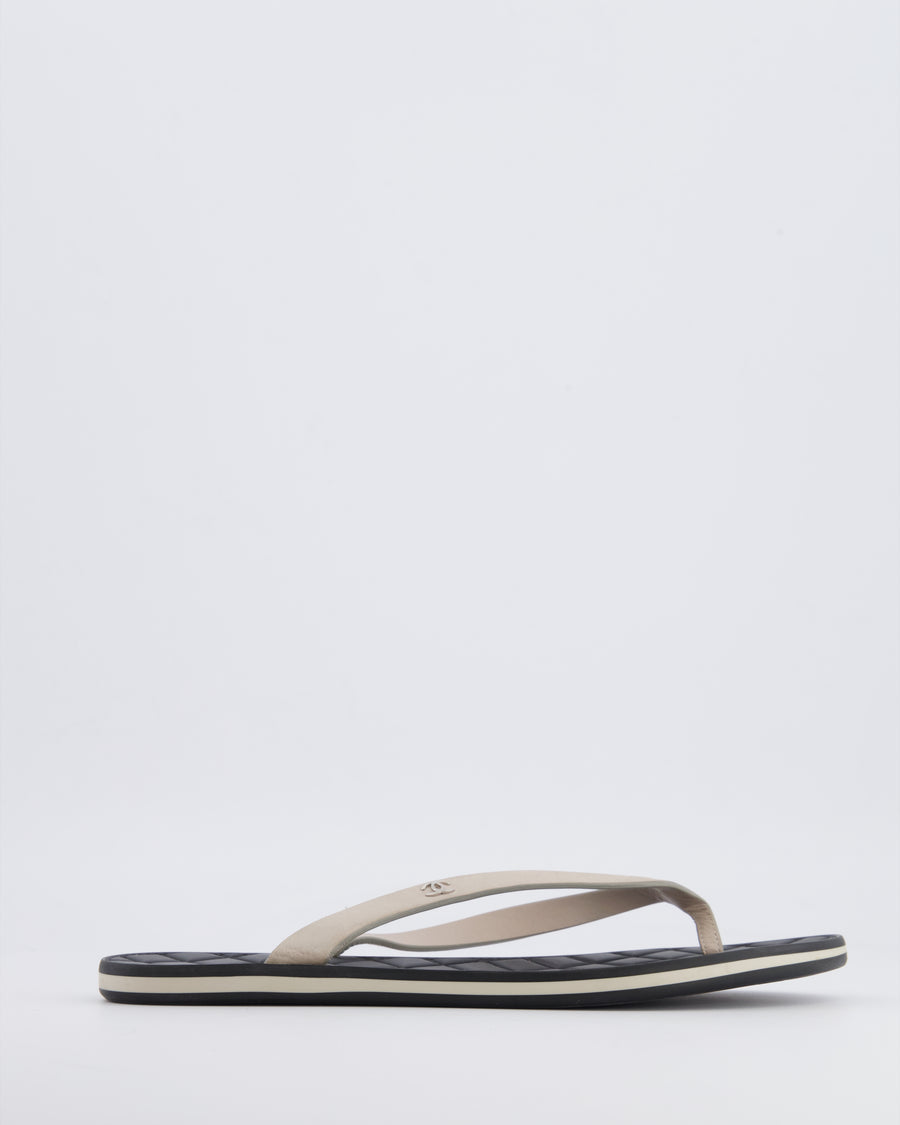 Chanel Spring 2015 Beige Suede Flip Flops with Silver CC Logo and Black Matelasse Sole Size 38