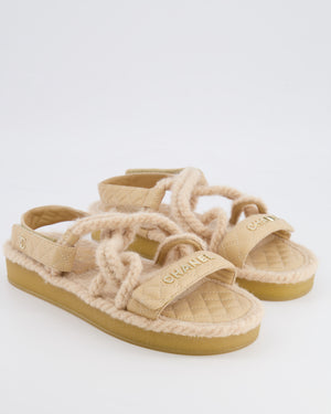 Chanel Beige Cord and Quilted Lambskin Sandals with Champagne Gold Logo Details Size EU 40