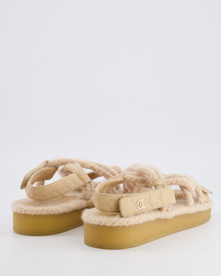 Chanel Beige Cord and Quilted Lambskin Sandals with Champagne Gold Logo Details Size EU 40