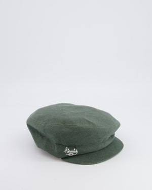 Hermès Green Linen Beret Cap with White Logo Detail Size 58 RRP £600