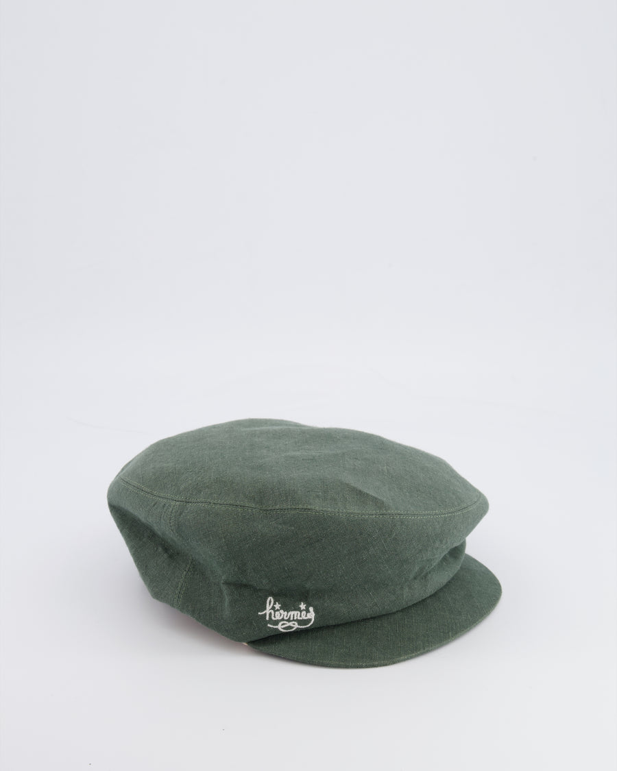 Hermès Green Linen Beret Cap with White Logo Detail Size 58 RRP £600
