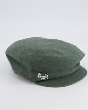Hermès Green Linen Beret Cap with White Logo Detail Size 58 RRP £600