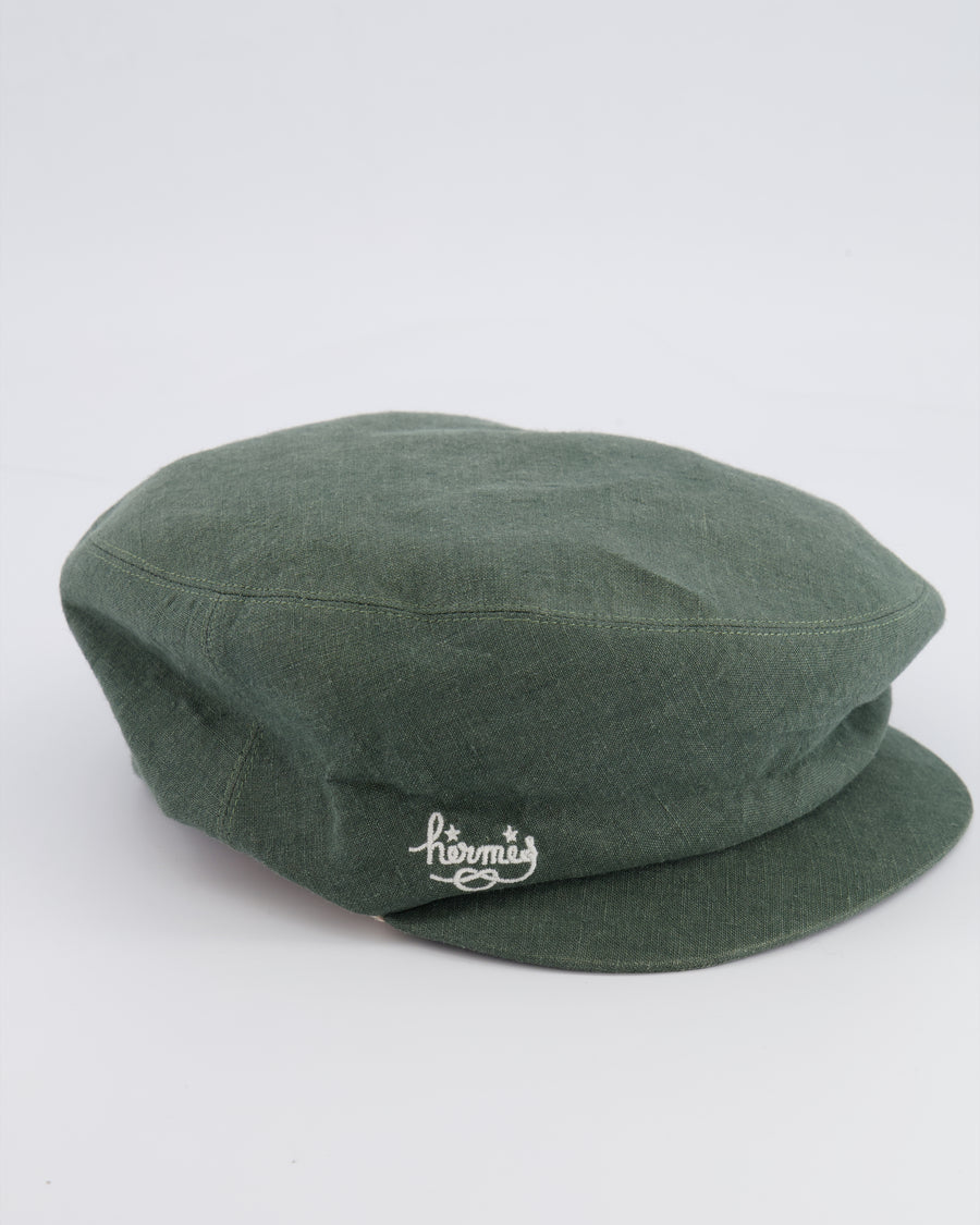 Hermès Green Linen Beret Cap with White Logo Detail Size 58 RRP £600