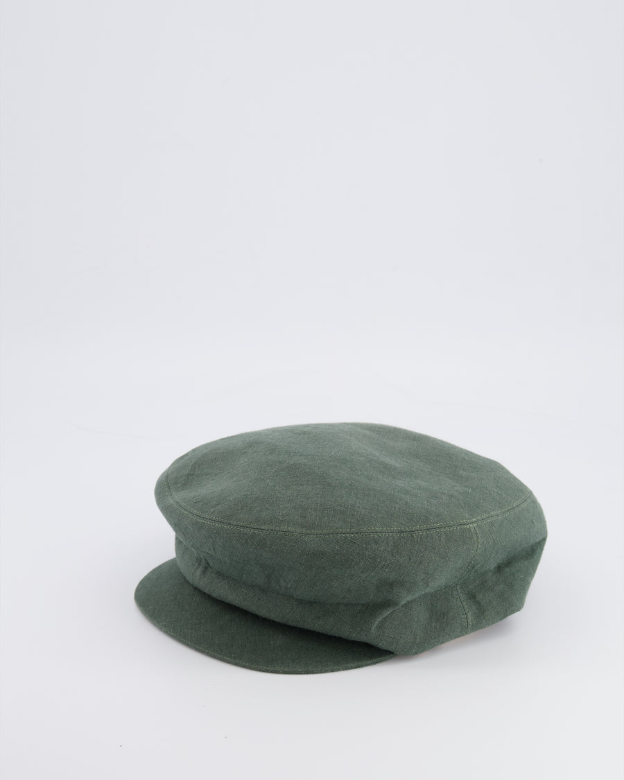Hermès Green Linen Beret Cap with White Logo Detail Size 58 RRP £600