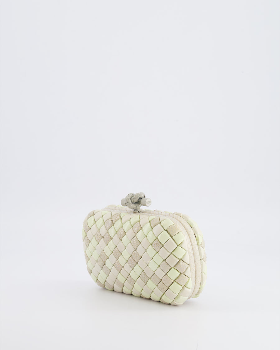 Bottega Veneta Beige and Cream Intrecciato Leather and Python Clutch Bag with Knot Detail RRP £4,500