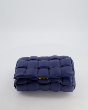 Bottega Veneta Navy Blue Padded Cassette Bag in Calfskin Intrecciato Leather with Gold Hardware