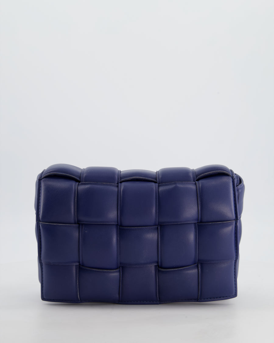 Bottega Veneta Navy Blue Padded Cassette Bag in Calfskin Intrecciato Leather with Gold Hardware