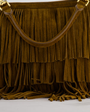 Saint Laurent Tan Suede Emanuelle Fringe Shoulder Bag with Gold Hardware